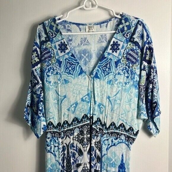 Hemant & Nandita Blue and White Beaded Zipper Boho Printed Maxi Dress - Picture 4 of 16